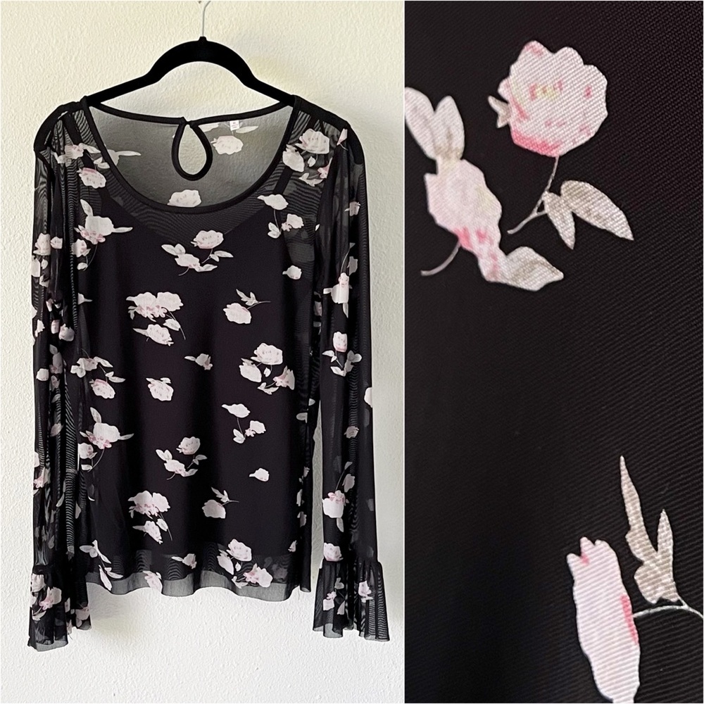 Candie’s Black Floral Romantic Goth Sheer Disco Mesh Y2K Long Sleeve Blouse